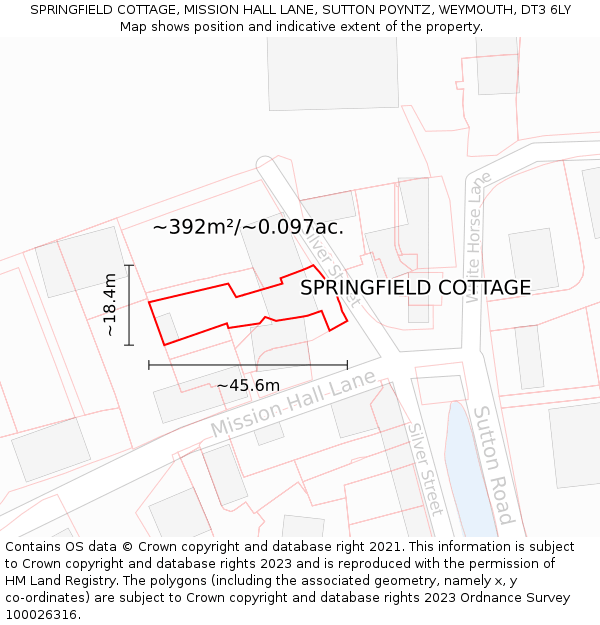 SPRINGFIELD COTTAGE, MISSION HALL LANE, SUTTON POYNTZ, WEYMOUTH, DT3 6LY: Plot and title map