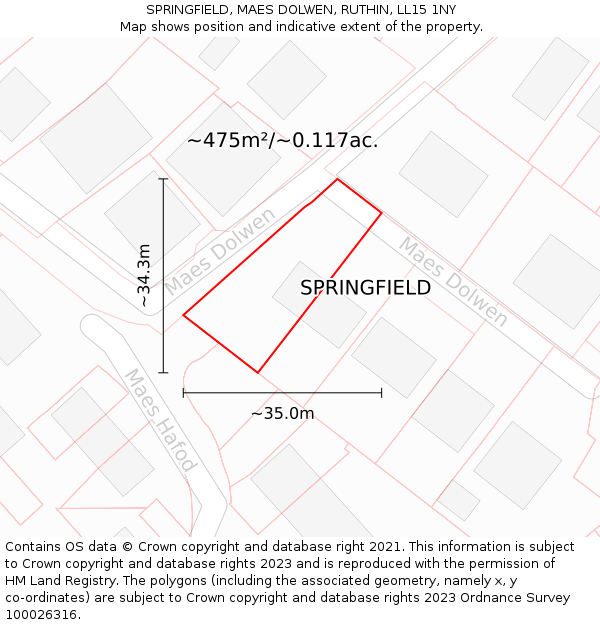 SPRINGFIELD, MAES DOLWEN, RUTHIN, LL15 1NY: Plot and title map