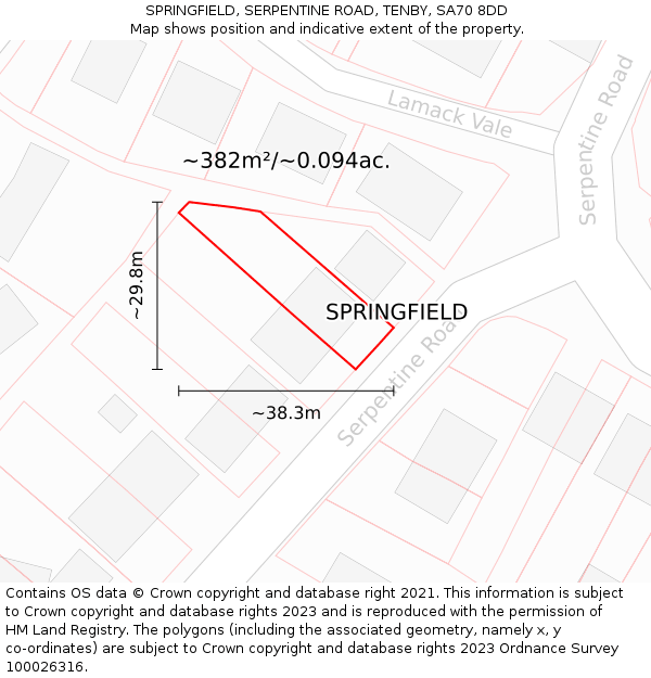 SPRINGFIELD, SERPENTINE ROAD, TENBY, SA70 8DD: Plot and title map