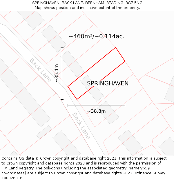 SPRINGHAVEN, BACK LANE, BEENHAM, READING, RG7 5NG: Plot and title map