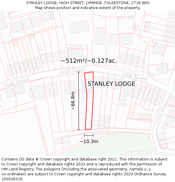 STANLEY LODGE, HIGH STREET, LYMINGE, FOLKESTONE, CT18 8EN: Plot and title map