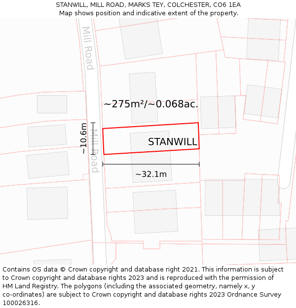 STANWILL, MILL ROAD, MARKS TEY, COLCHESTER, CO6 1EA: Plot and title map