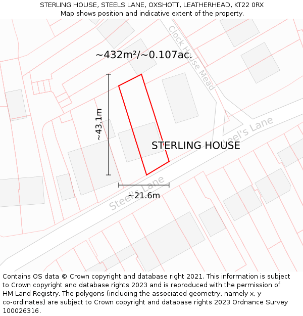 STERLING HOUSE, STEELS LANE, OXSHOTT, LEATHERHEAD, KT22 0RX: Plot and title map