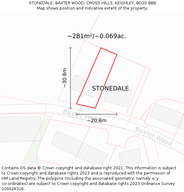 STONEDALE, BAXTER WOOD, CROSS HILLS, KEIGHLEY, BD20 8BB: Plot and title map