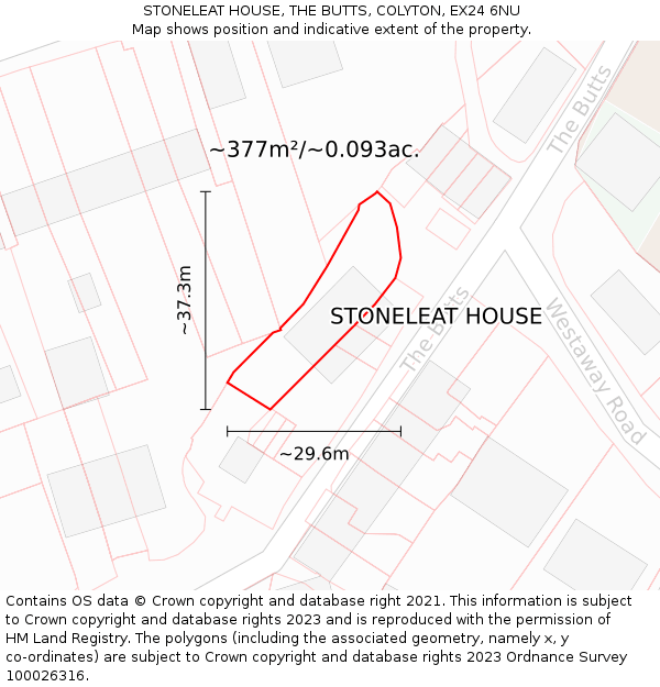 STONELEAT HOUSE, THE BUTTS, COLYTON, EX24 6NU: Plot and title map