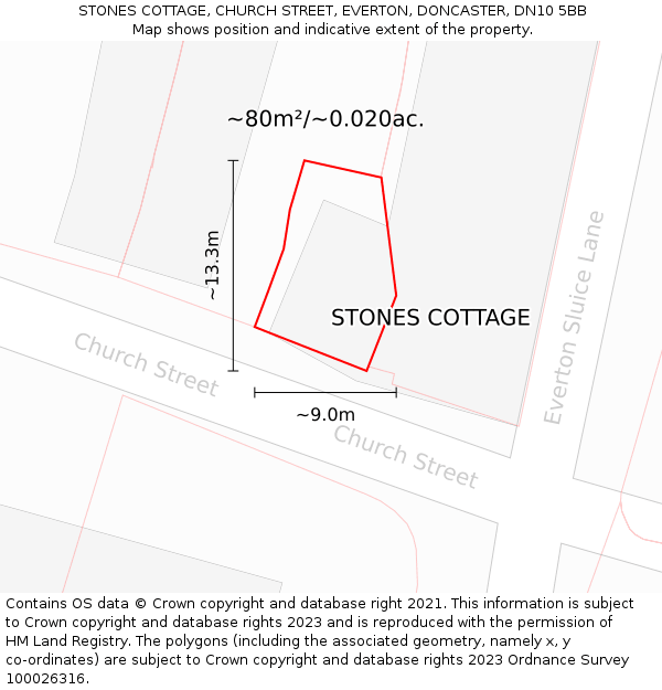 STONES COTTAGE, CHURCH STREET, EVERTON, DONCASTER, DN10 5BB: Plot and title map