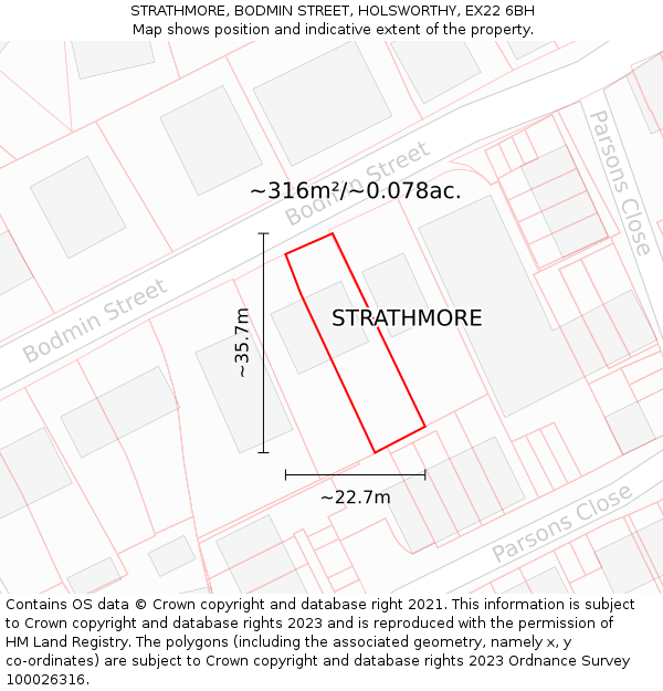 STRATHMORE, BODMIN STREET, HOLSWORTHY, EX22 6BH: Plot and title map