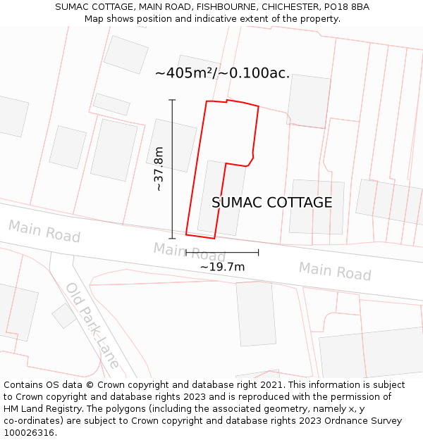 SUMAC COTTAGE, MAIN ROAD, FISHBOURNE, CHICHESTER, PO18 8BA: Plot and title map