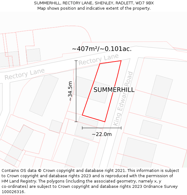 SUMMERHILL, RECTORY LANE, SHENLEY, RADLETT, WD7 9BX: Plot and title map