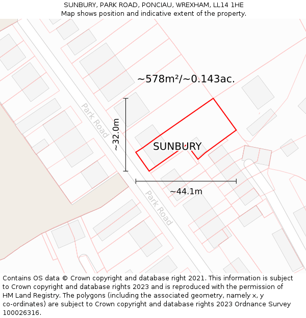 SUNBURY, PARK ROAD, PONCIAU, WREXHAM, LL14 1HE: Plot and title map