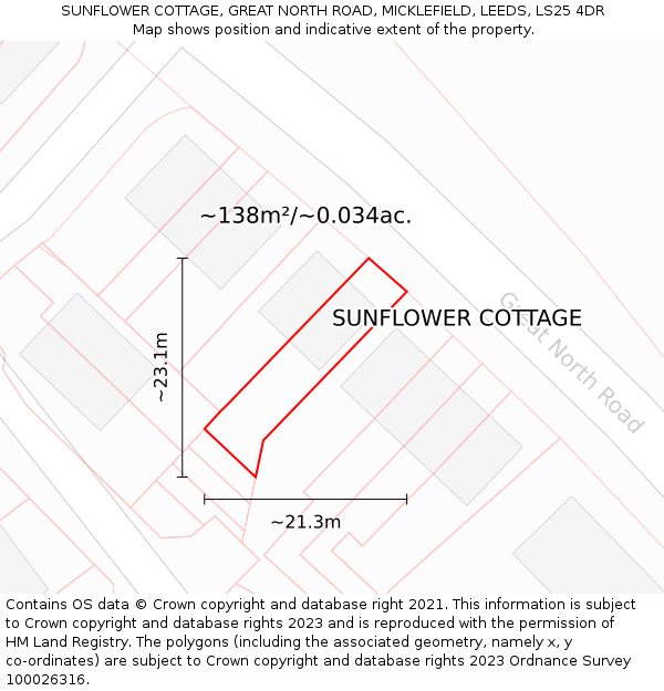 SUNFLOWER COTTAGE, GREAT NORTH ROAD, MICKLEFIELD, LEEDS, LS25 4DR: Plot and title map