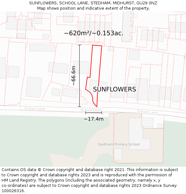 SUNFLOWERS, SCHOOL LANE, STEDHAM, MIDHURST, GU29 0NZ: Plot and title map