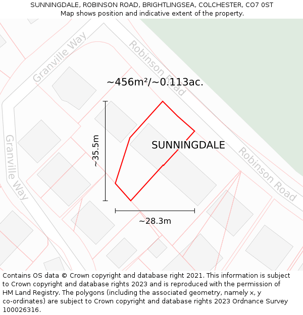 SUNNINGDALE, ROBINSON ROAD, BRIGHTLINGSEA, COLCHESTER, CO7 0ST: Plot and title map