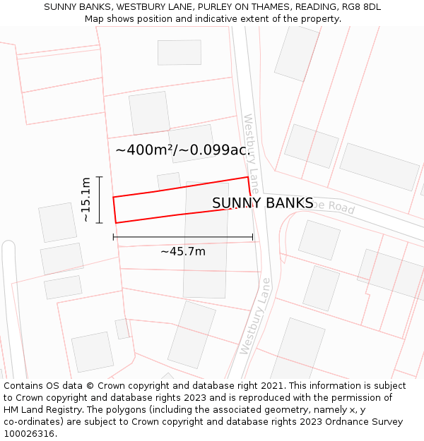 SUNNY BANKS, WESTBURY LANE, PURLEY ON THAMES, READING, RG8 8DL: Plot and title map