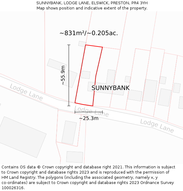 SUNNYBANK, LODGE LANE, ELSWICK, PRESTON, PR4 3YH: Plot and title map