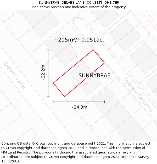 SUNNYBRAE, DELVES LANE, CONSETT, DH8 7ER: Plot and title map