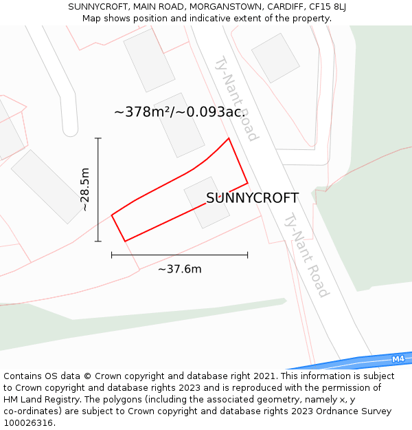 SUNNYCROFT, MAIN ROAD, MORGANSTOWN, CARDIFF, CF15 8LJ: Plot and title map