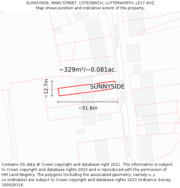 SUNNYSIDE, MAIN STREET, COTESBACH, LUTTERWORTH, LE17 4HZ: Plot and title map