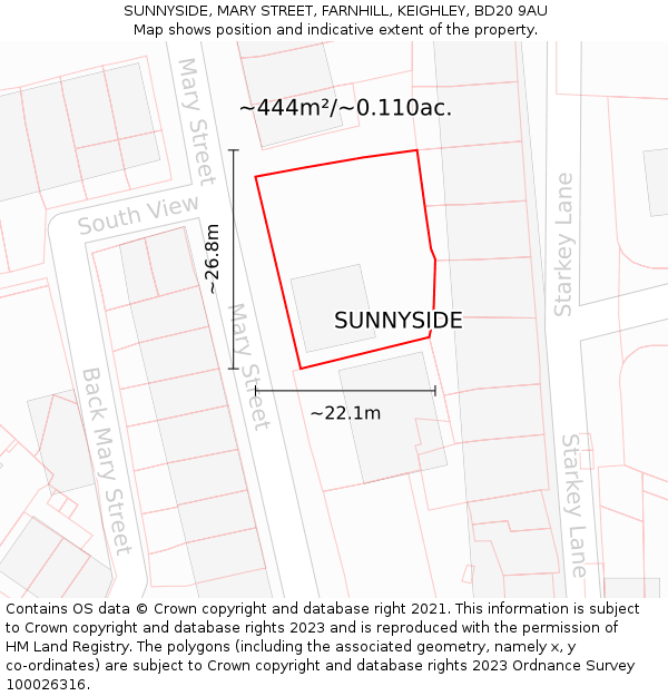 SUNNYSIDE, MARY STREET, FARNHILL, KEIGHLEY, BD20 9AU: Plot and title map