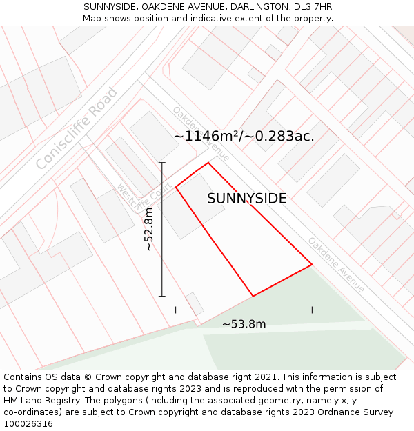 SUNNYSIDE, OAKDENE AVENUE, DARLINGTON, DL3 7HR: Plot and title map