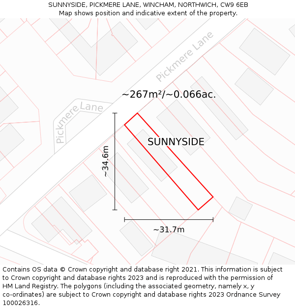 SUNNYSIDE, PICKMERE LANE, WINCHAM, NORTHWICH, CW9 6EB: Plot and title map