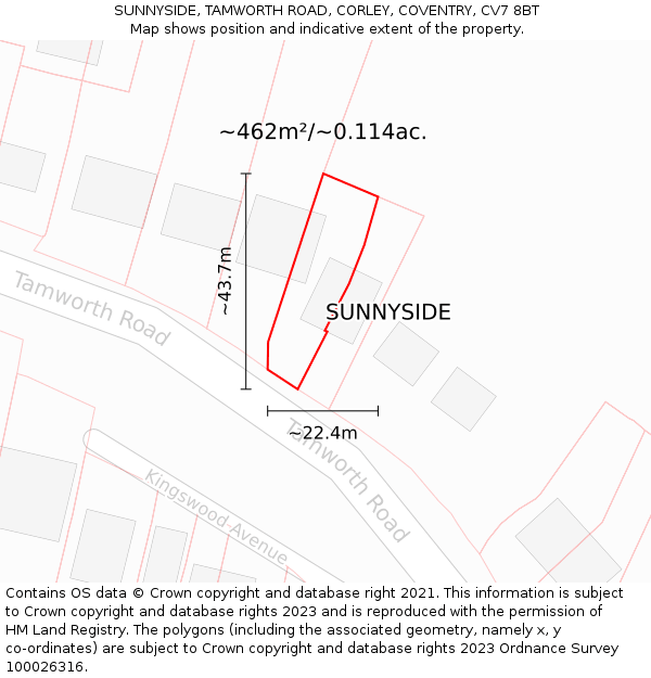 SUNNYSIDE, TAMWORTH ROAD, CORLEY, COVENTRY, CV7 8BT: Plot and title map