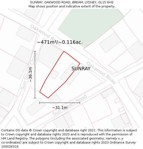 SUNRAY, OAKWOOD ROAD, BREAM, LYDNEY, GL15 6HS: Plot and title map