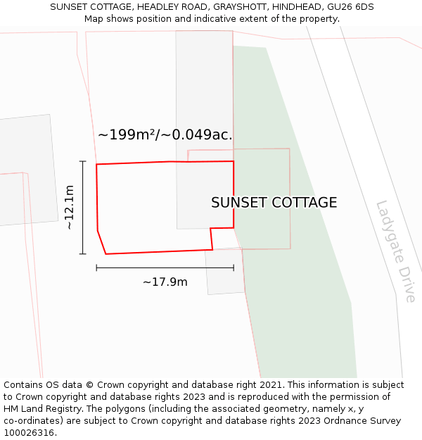 SUNSET COTTAGE, HEADLEY ROAD, GRAYSHOTT, HINDHEAD, GU26 6DS: Plot and title map