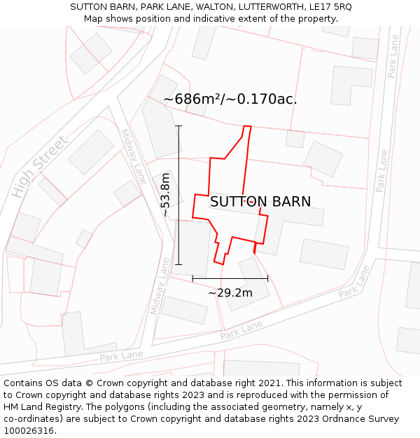 SUTTON BARN, PARK LANE, WALTON, LUTTERWORTH, LE17 5RQ: Plot and title map