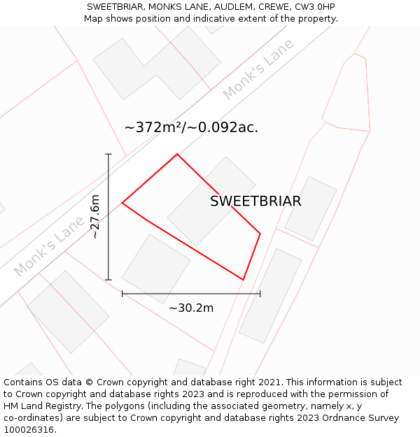 SWEETBRIAR, MONKS LANE, AUDLEM, CREWE, CW3 0HP: Plot and title map