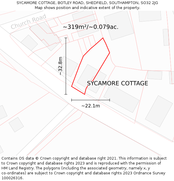 SYCAMORE COTTAGE, BOTLEY ROAD, SHEDFIELD, SOUTHAMPTON, SO32 2JG: Plot and title map