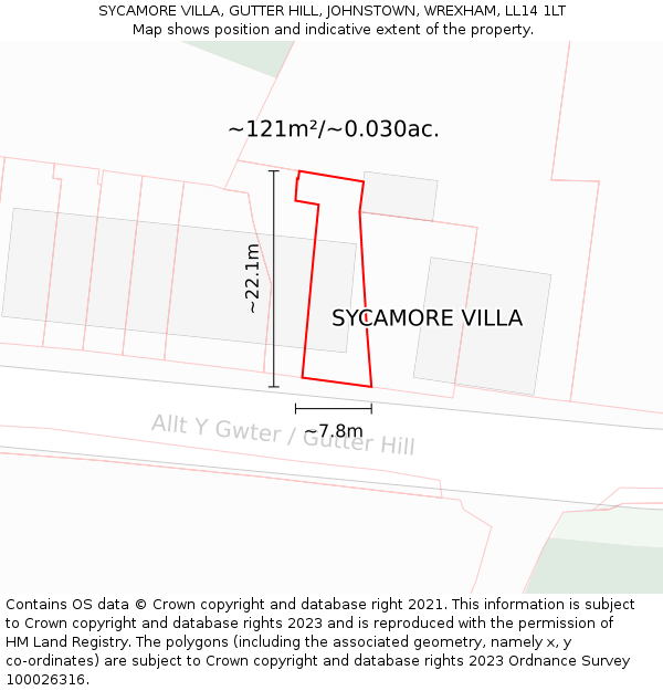 SYCAMORE VILLA, GUTTER HILL, JOHNSTOWN, WREXHAM, LL14 1LT: Plot and title map