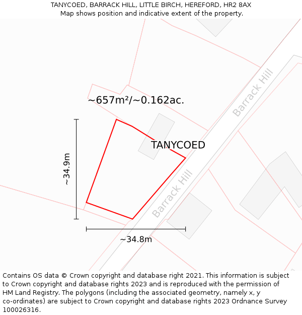 TANYCOED, BARRACK HILL, LITTLE BIRCH, HEREFORD, HR2 8AX: Plot and title map