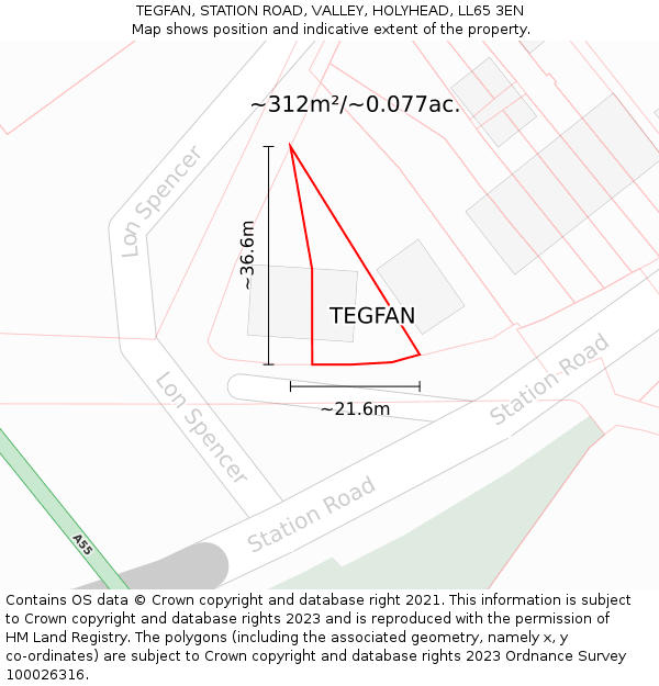 TEGFAN, STATION ROAD, VALLEY, HOLYHEAD, LL65 3EN: Plot and title map