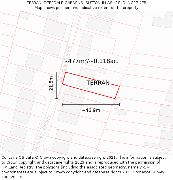 TERRAN, DEEPDALE GARDENS, SUTTON-IN-ASHFIELD, NG17 4ER: Plot and title map