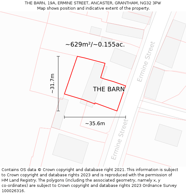 THE BARN, 19A, ERMINE STREET, ANCASTER, GRANTHAM, NG32 3PW: Plot and title map