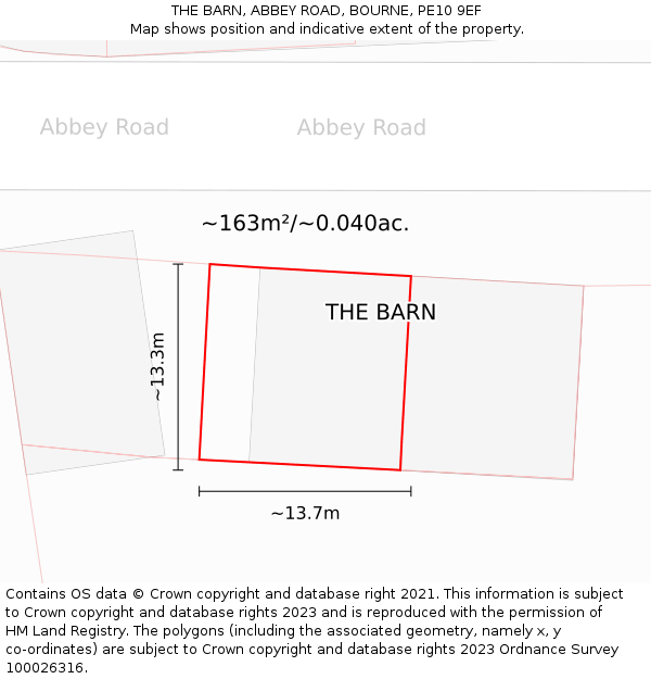 THE BARN, ABBEY ROAD, BOURNE, PE10 9EF: Plot and title map