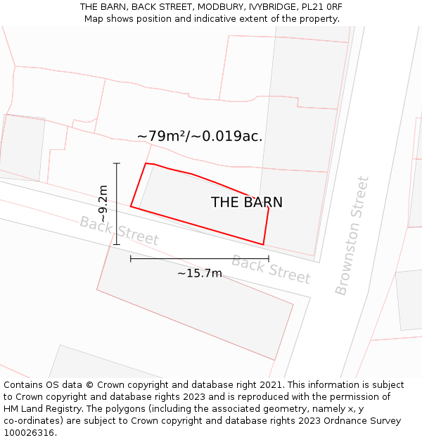 THE BARN, BACK STREET, MODBURY, IVYBRIDGE, PL21 0RF: Plot and title map