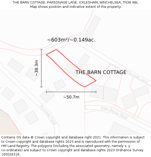 THE BARN COTTAGE, PARSONAGE LANE, ICKLESHAM, WINCHELSEA, TN36 4BL: Plot and title map