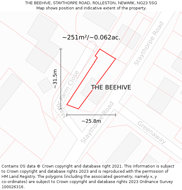 THE BEEHIVE, STAYTHORPE ROAD, ROLLESTON, NEWARK, NG23 5SG: Plot and title map