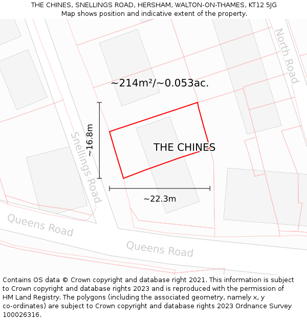 THE CHINES, SNELLINGS ROAD, HERSHAM, WALTON-ON-THAMES, KT12 5JG: Plot and title map