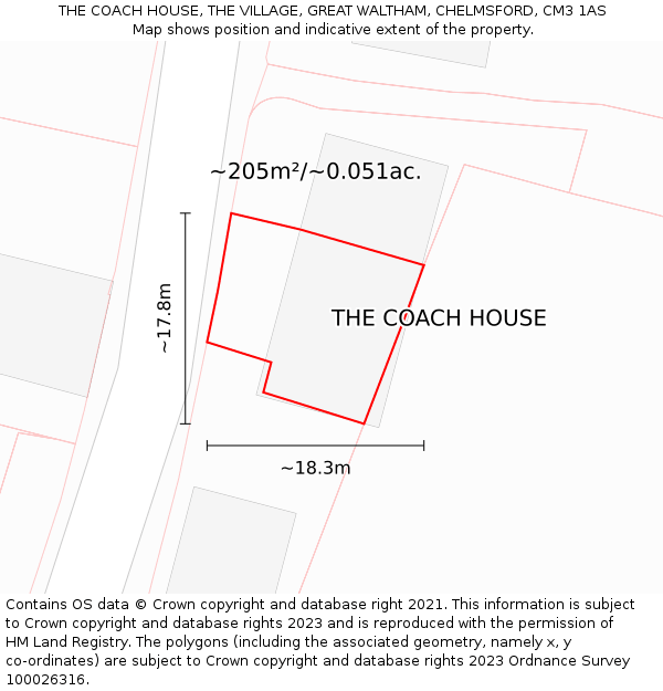 THE COACH HOUSE, THE VILLAGE, GREAT WALTHAM, CHELMSFORD, CM3 1AS: Plot and title map