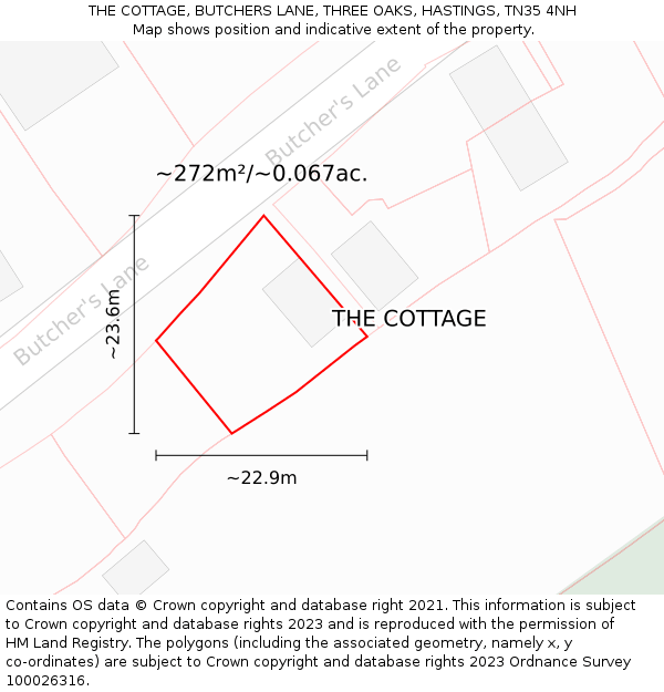 THE COTTAGE, BUTCHERS LANE, THREE OAKS, HASTINGS, TN35 4NH: Plot and title map