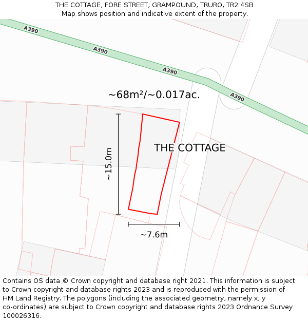 THE COTTAGE, FORE STREET, GRAMPOUND, TRURO, TR2 4SB: Plot and title map