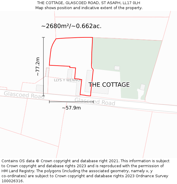 THE COTTAGE, GLASCOED ROAD, ST ASAPH, LL17 0LH: Plot and title map