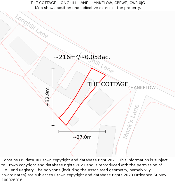 THE COTTAGE, LONGHILL LANE, HANKELOW, CREWE, CW3 0JG: Plot and title map