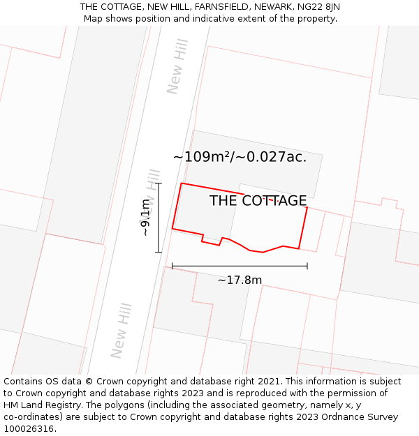 THE COTTAGE, NEW HILL, FARNSFIELD, NEWARK, NG22 8JN: Plot and title map