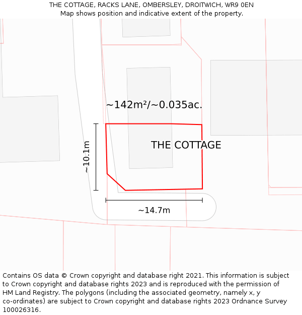 THE COTTAGE, RACKS LANE, OMBERSLEY, DROITWICH, WR9 0EN: Plot and title map