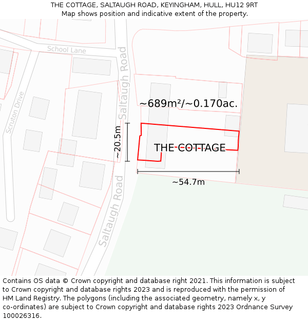 THE COTTAGE, SALTAUGH ROAD, KEYINGHAM, HULL, HU12 9RT: Plot and title map