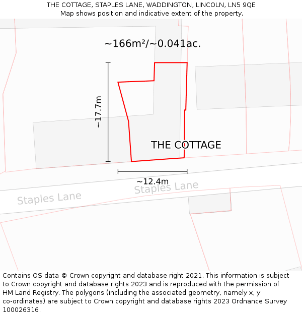 THE COTTAGE, STAPLES LANE, WADDINGTON, LINCOLN, LN5 9QE: Plot and title map